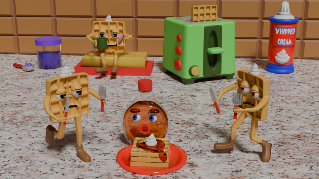 3D Waffle Characters in a cozy kitchen.